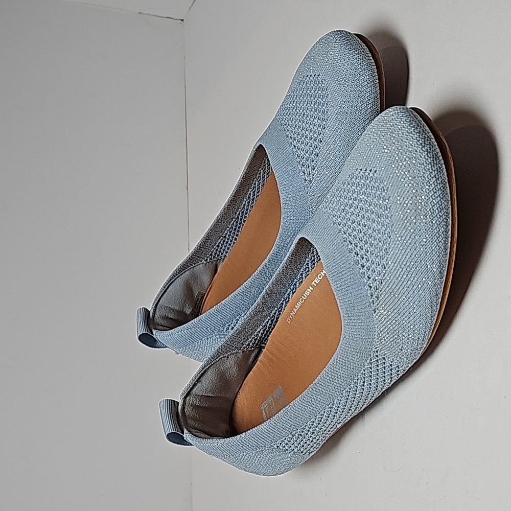 Fitflop Allegro Airyknit Ballet Flat Shoe Pull-On Round Toe Comfy Blue Silver 7